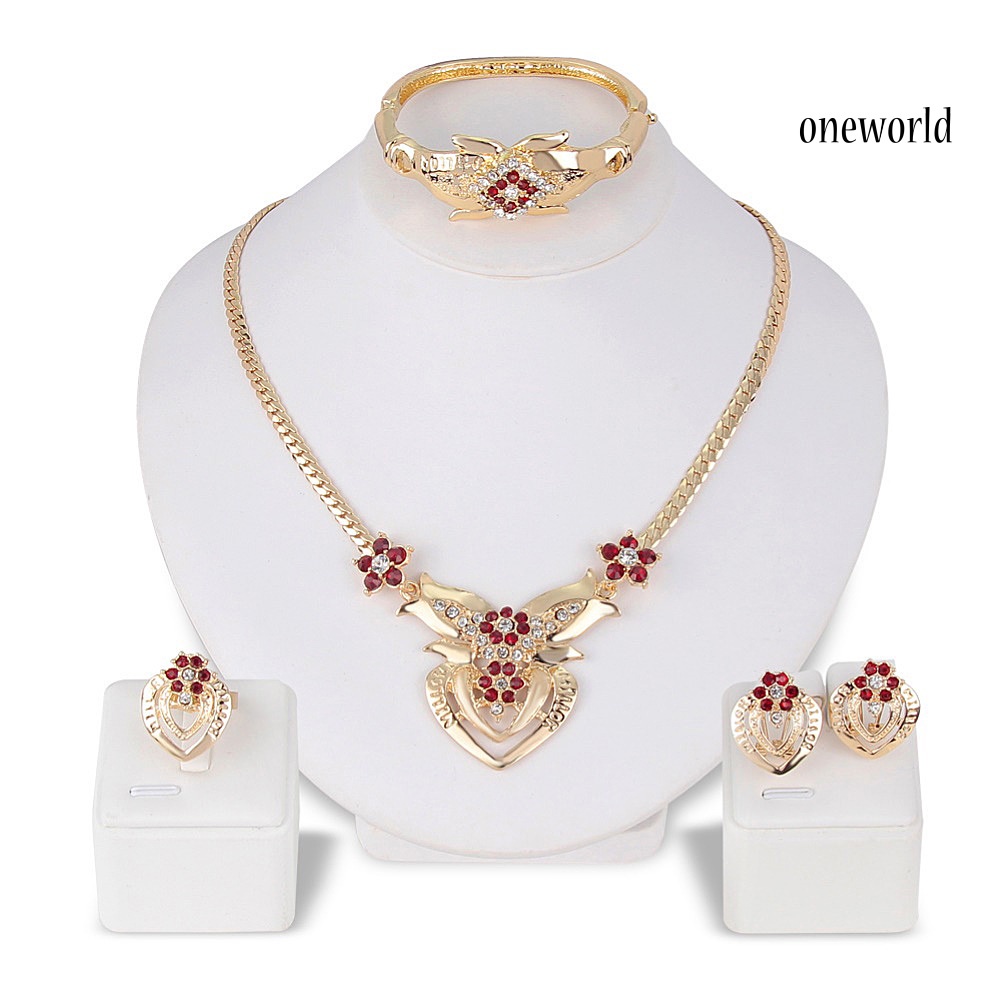 OW@ Rhinestone Heart Flower Necklace Stud Earrings Ring Bracelet Women Jewelry Set