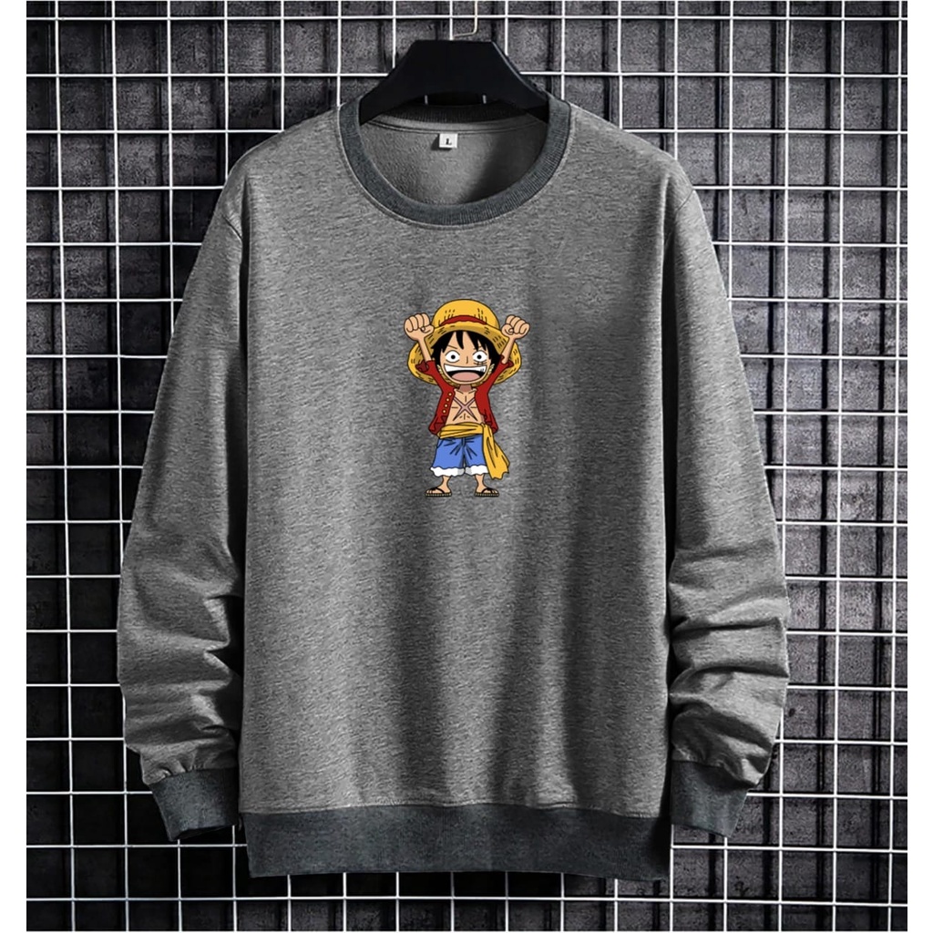 JOSJOLI_STORE/Sweater Luffy Angkat Tangan dan Luffy Nyengir/Atasan Pria Dewasa Lengan Panjang/L XL