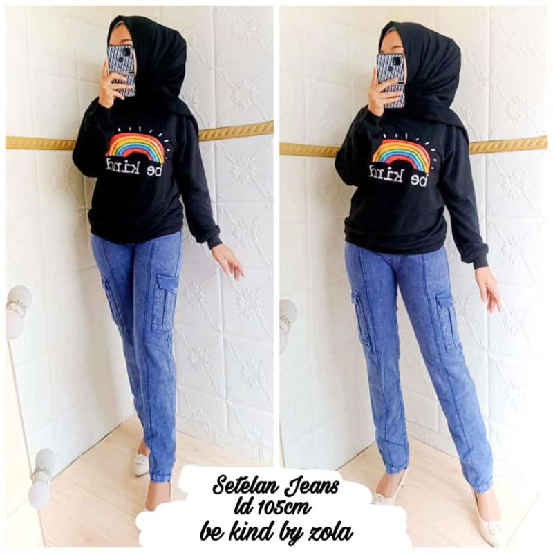 Setelan Wanita Import Be kind / Baju wanita / setelan jeans / sweater wanita