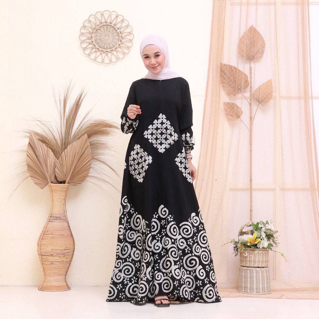 Gamis Twill Rayon Malaman Terbaru Kekinian Busui | Gamis Tiedye NEW-BAWANG PUTIH