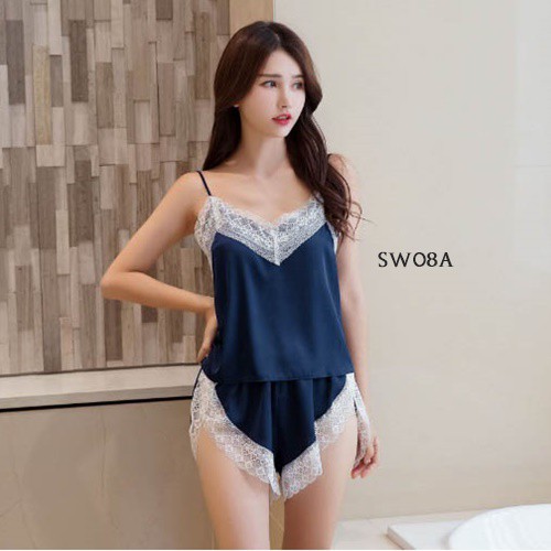 [PRODUK TERLARIS] PIYAMA WANITA NIGHTGOWN BAJU TIDUR SEXY SATIN PREMIUM NAVY SW08A