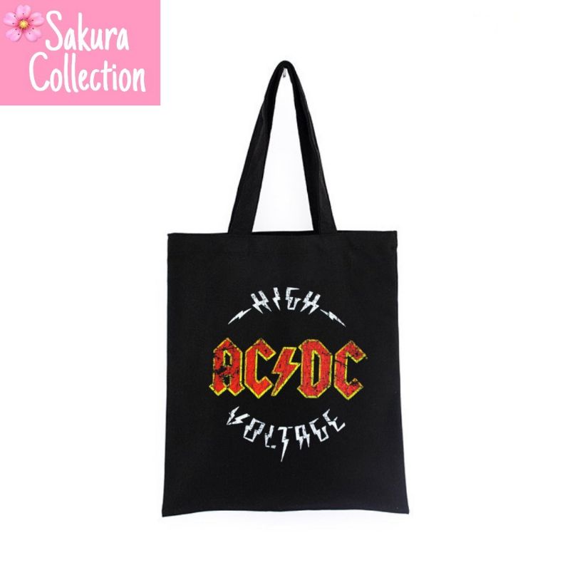 Tote Bag tas BAND ACDC musik Heavy rock BAND metal tote bag resleting pria wanita tas sekolah / tas ngaji / tas kerja / tas belanja unisex canvas kekinian hitam/black tas jinjing/laptop fashion