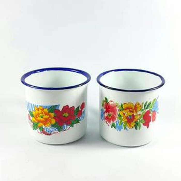 Mug Cangkir Kecil Mini Motif Bunga Enamel Seng Kaleng Jadul Vintage