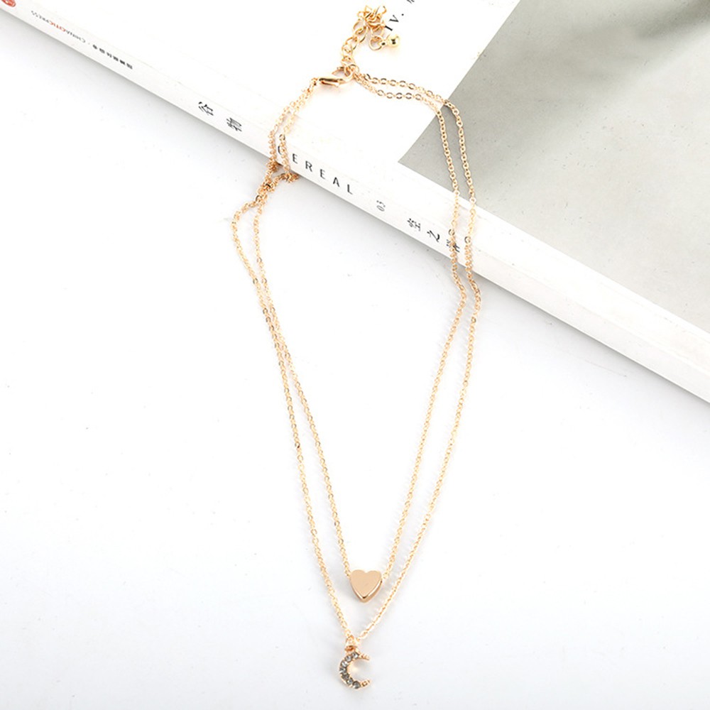 【COD Tangding】Heart Crystal Moon Pendant Necklace Double Layer Gold Fashion