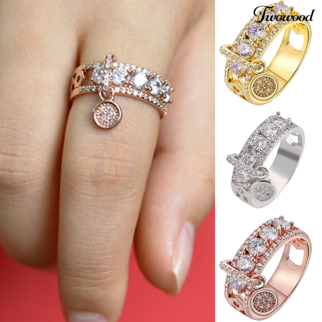 Twowood Cubic Zirconia Women Ring Disc Pendant Alloy Hollow Wide Wedding Ring Fashion Jewelry
