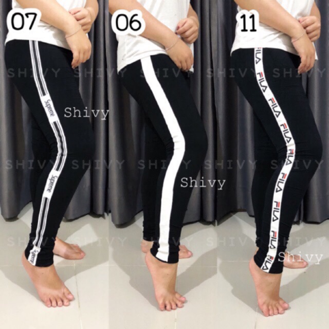 Celana Legging List Putih Pita Import Fashion Wanita Katun Jumbo