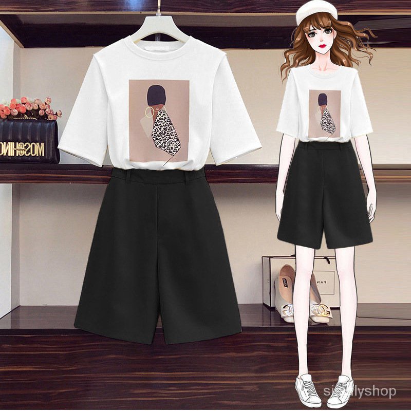 #Sisjuly# Wanita Lengan Pendek Setelan Gaya Korea Temperamen Cetak T-shirt Longgar Pinggang Tinggi C