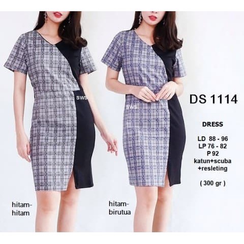 NEW FB SEDS1114 - DRESS PESTA SEPAN MIDI MOTIF KOTAK-KOTAK CASSUAL DRESS - HITAM