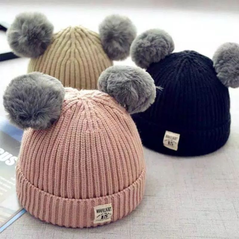 Topi Rajut Pompom Bulu Anak Topi Kupluk Wool Rajut Hangat Bayi Anak Unisex