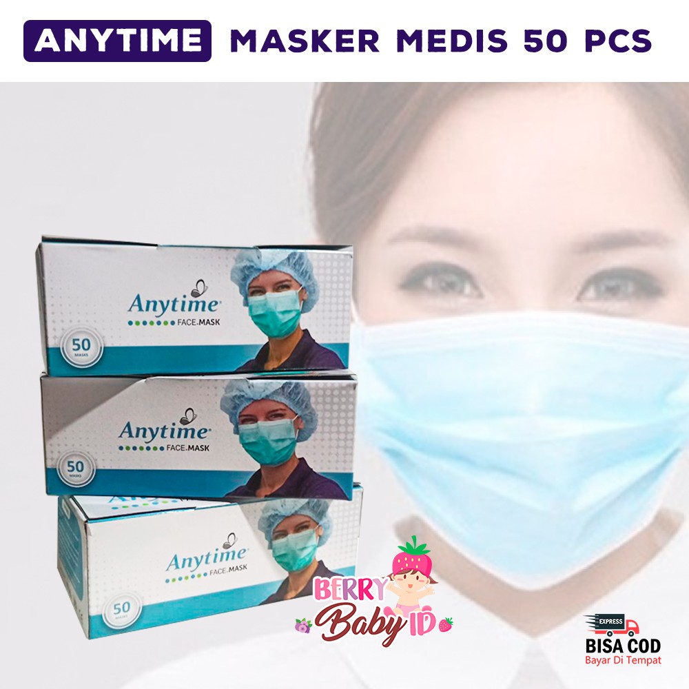 Anytime Masker Medis Isi 50 Face Mask Earloop Multifungsi 3 Ply Berry Mart