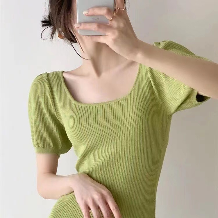 【Elegant】Korean Vintage Square Neck Solid Color Mini Dress 7475