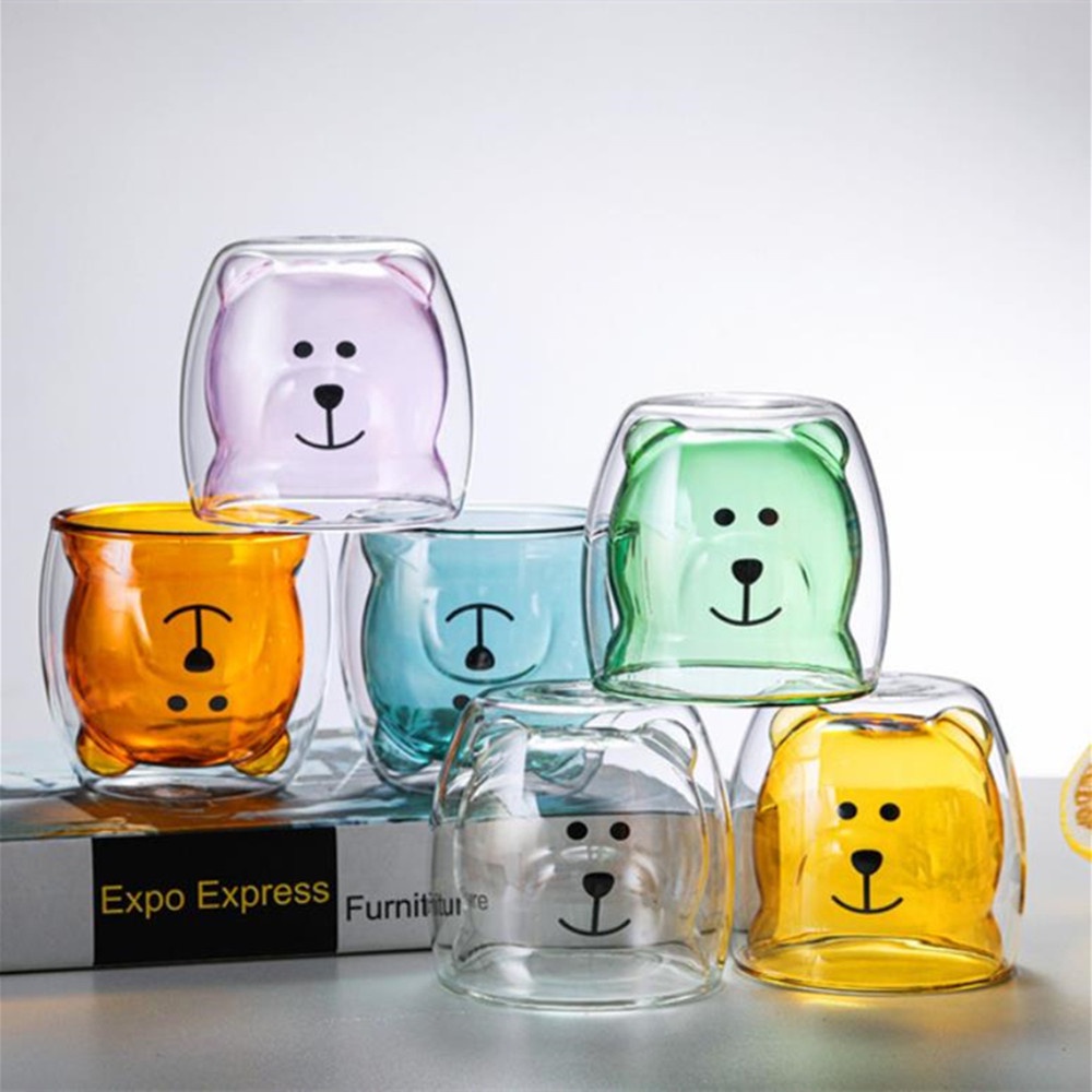 WONDERFUL 300ML Lovely Double-layer Bear Juice Milk Cup Coffee Glass Mug Gift Cute Animal Cartoon Clear/Multicolor