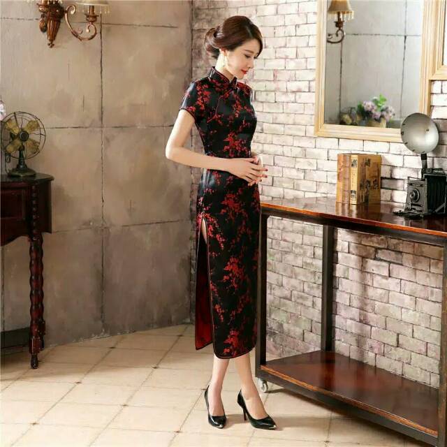 ReStock Qipao Long Dress Bunga Sakura Hitam Merah