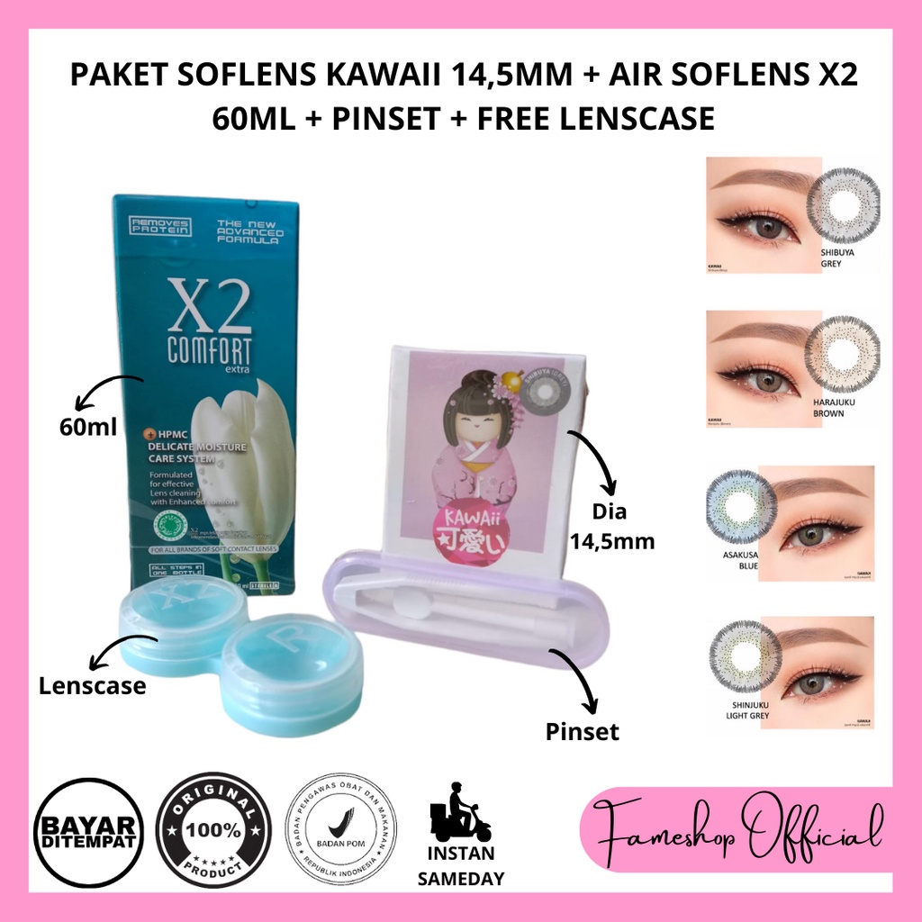 PAKET SOFTLENS KAWAII DIA 14,5MM NORMAL &amp; MINUS + CAIRAN X2 60ML + PINSET + LENSCASE / COD INSTAN SAMEDAY / LENSA KONTAK / PAKET MURAH