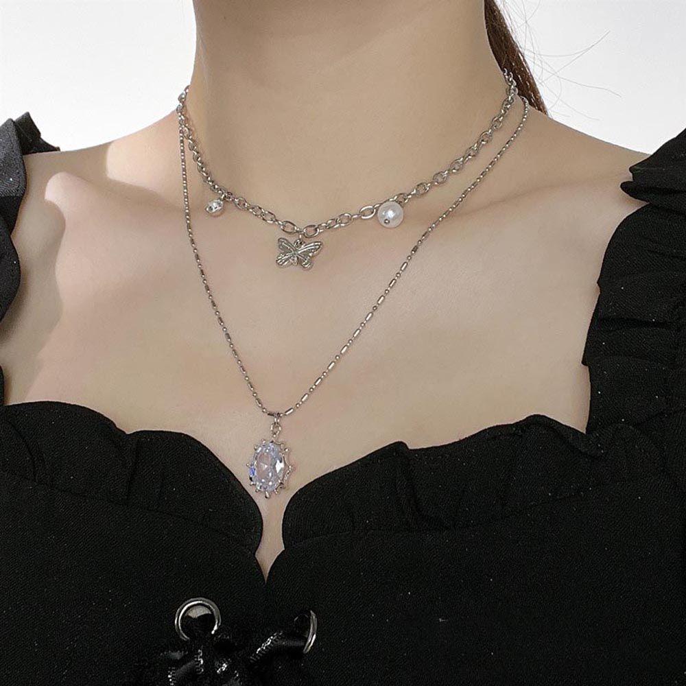 Mxbeauty Kalung Wanita Trendy Elegan Untuk Cewek Kupu-Kupu Double Layer Zirkon Leher Perhiasan