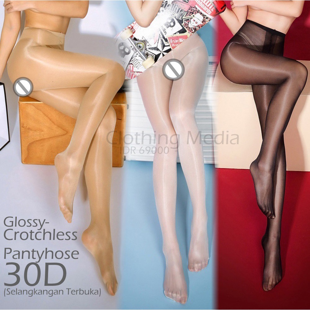 Pantyhose T-Crotchless Premium 30D Super Elastis Glossy Oil Stocking Celana RS