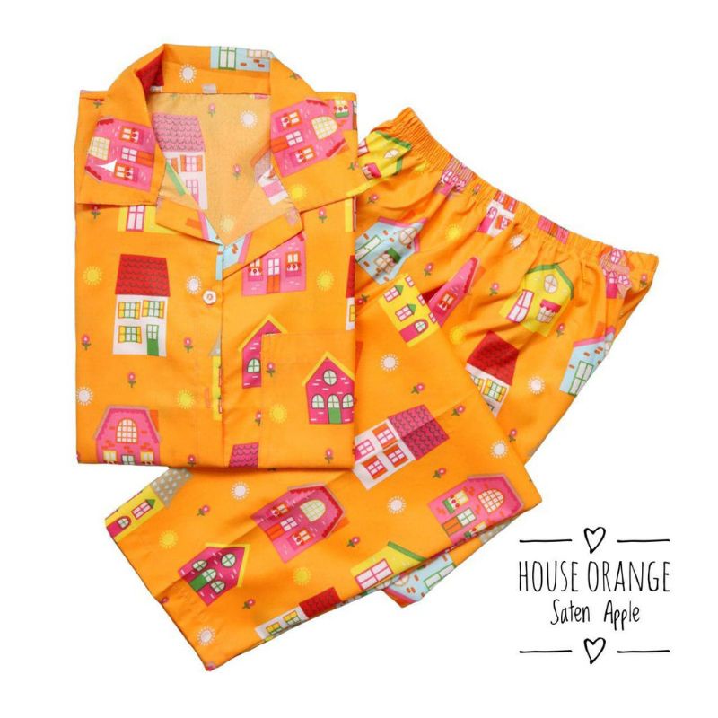 Piyama Wanita Baju Tidur Wanita Dewasa Baju Tidur Piyama Satin Apple-House Orange