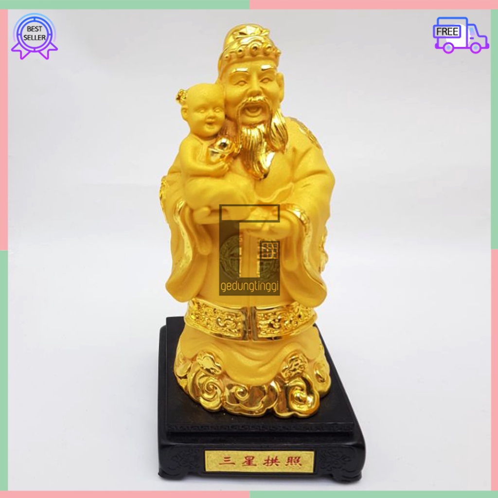 Patung Dekorasi Pajangan Hiasan Fengshui Dewa Dewi Fulushou Fuk Luk Sau Fu Lu Shou Sanxing Hoki Hok Lucky Keberuntungan Rejeki Uang Emas Meja Altar Sembahyang Sembayang Puja Suci Budha Buddha 1 Satu Set Ukuran Besar Sedang Kecil Medium Small Size Jumbo XL