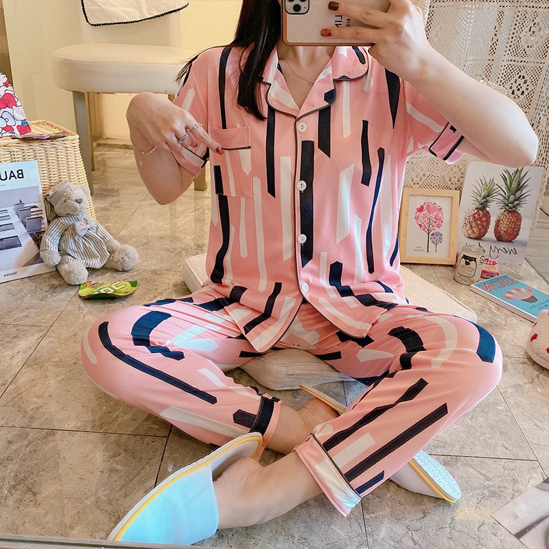 BAJU TIDUR PIYAMA SET KEMEJA CP LENGAN PENDEK CELANA PANJANG IMPORT PREMIUM BANYAK MOTIF 3-GarisBiruPutih