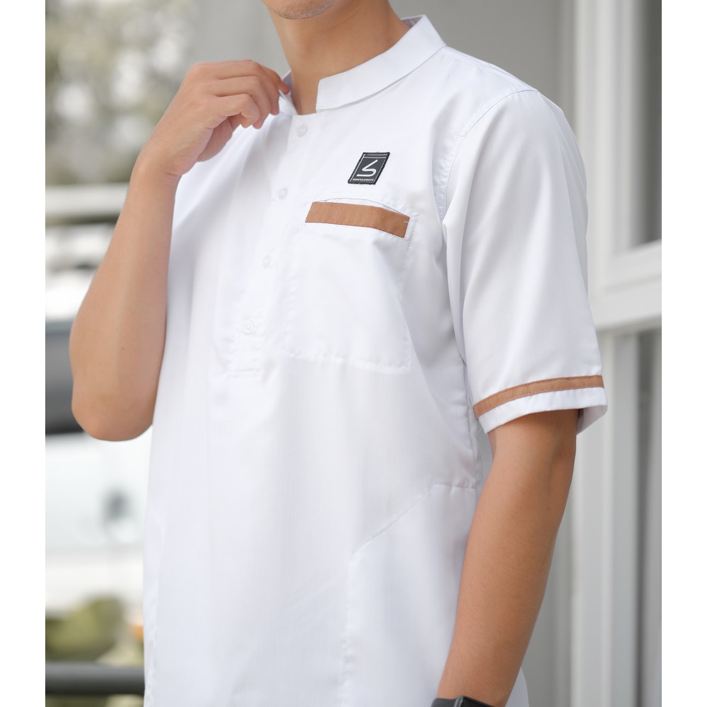 Baju Koko Muslim Pria / Baju Koko Kurta Kasual Muslim Gratis Ongkir + COD - Soleh Abu Bakar White