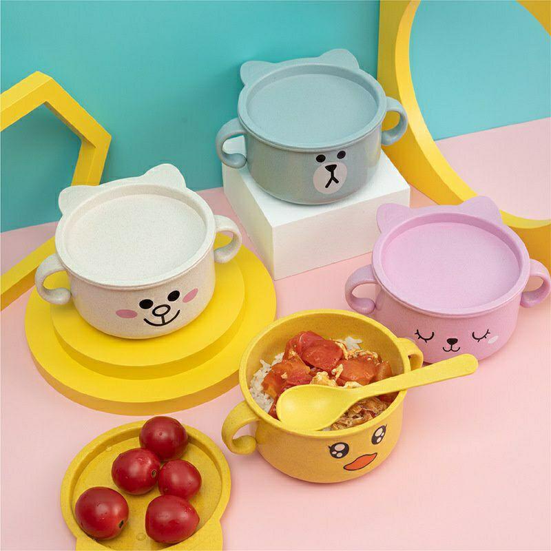 Mangkok Makan Anak Karakter + Tutup + Sendok  / Jerami Soup Bowl Cartoon BPA Free / Mangkuk Gelas Sup Cup Tempat Makanan Bubur Balita Bayi