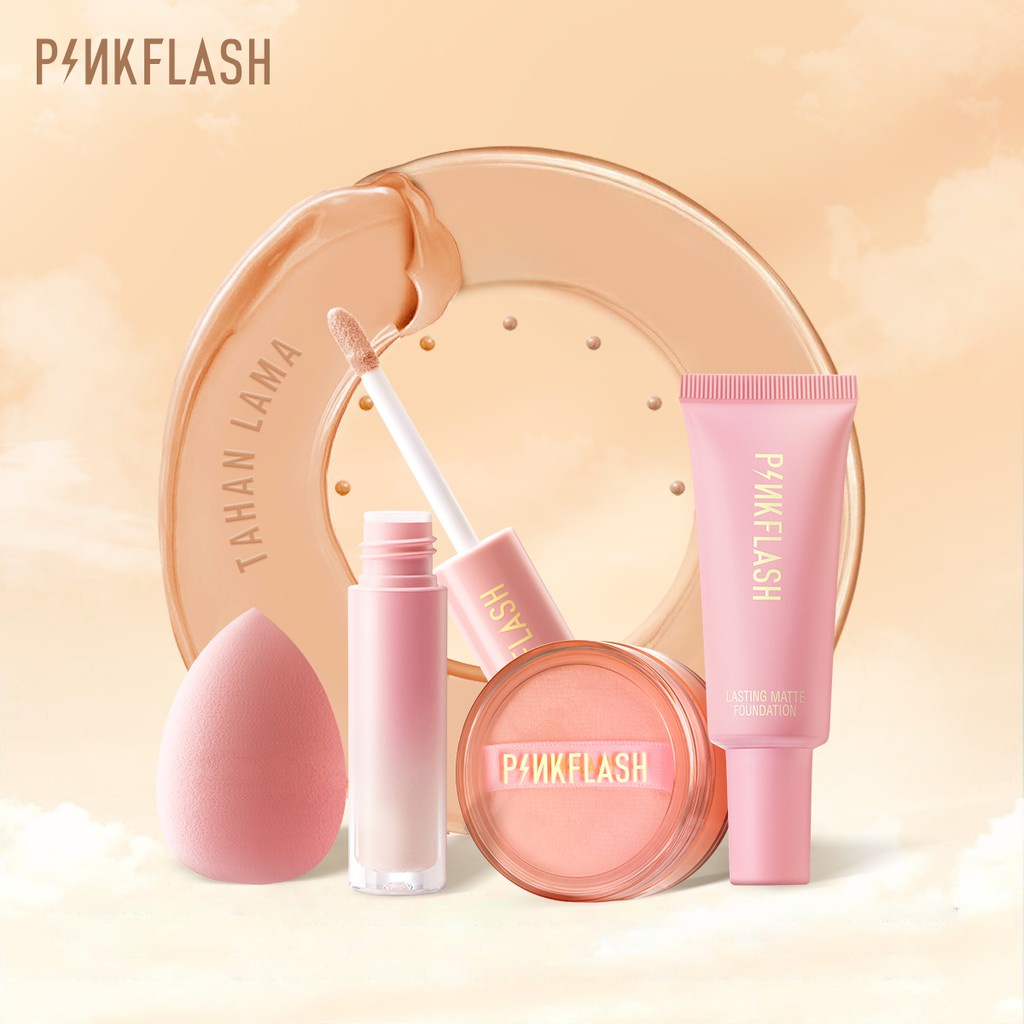 PINKFLASH 4 pcs Face Base Makeup Set-Loose Setting Powder &amp; Concealer &amp; Foundation &amp; Makeup Sponge Paket