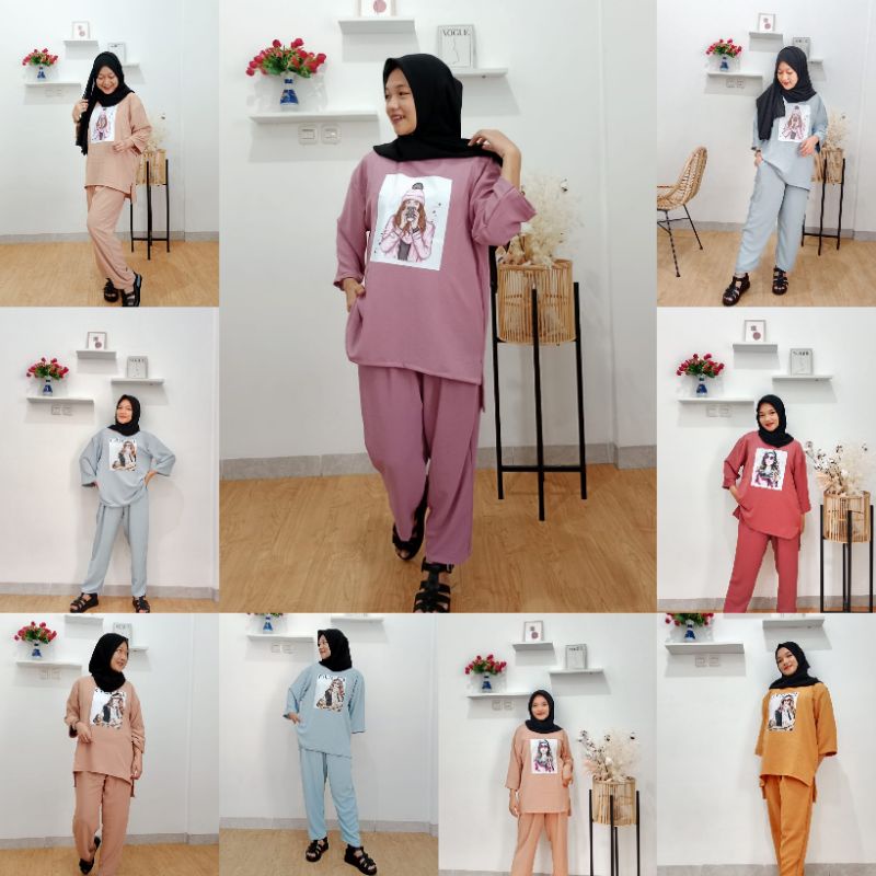 Celista set / Set crinkle Oversize lengan 3/4 x celana panjang