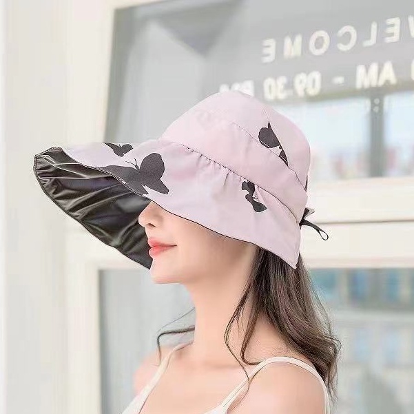 (Hello Girl) MZ25 Topi Pantai Pelindung UV Matahari Model Lebar Lipat Motif Print Butterfly Gaya Korea Import