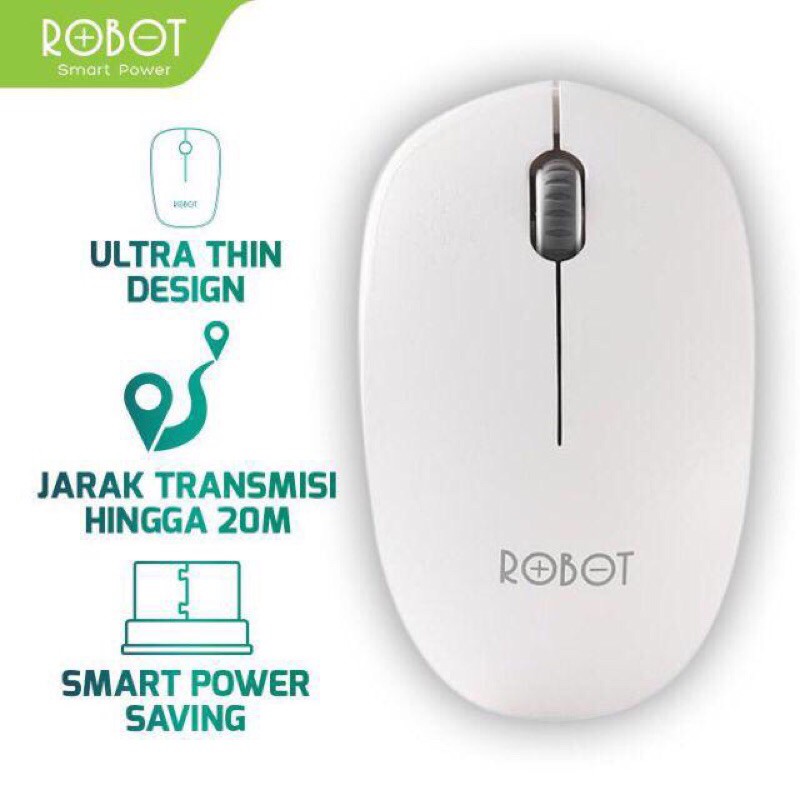 Mouse Wireless ROBOT M210 2.4GHz Optical 1600DPI dengan Receiver USB untuk PC Laptop Original White