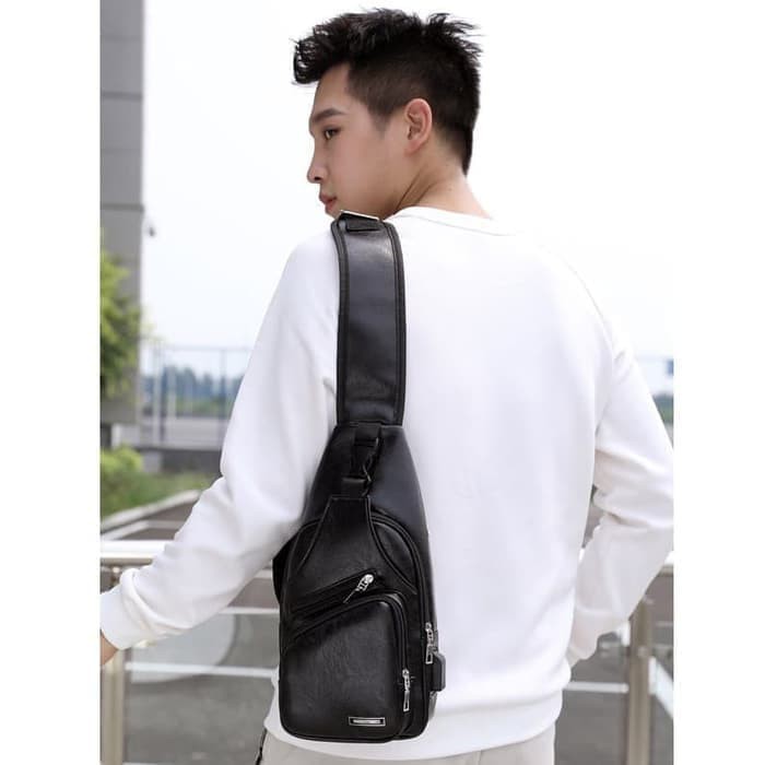 Tas Selempang pria bahan Kulit hitam dan coklat Cross Sling Bag ready stok distributor dasi