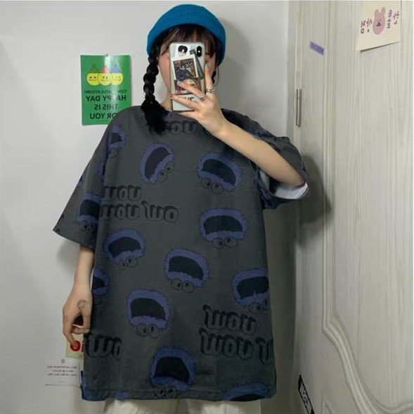 Oversize Tee Tshirt   Model Longgar Untuk Wanita Motif Elmo Nomnom