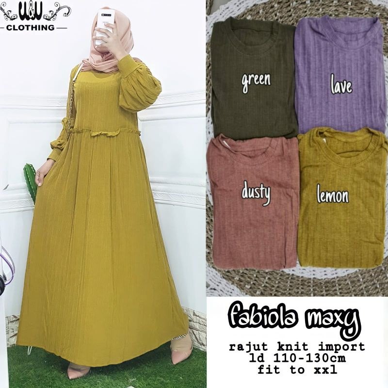 GAMIS DRESS HARIAN FALIA MAXY GAMIS WANITA BAHAN KAOS KNIT RAJUT IMPORT LD110-125cm FIT TO XL-Febiola lemon