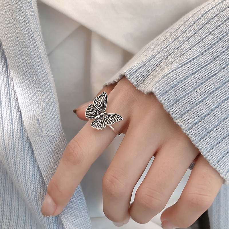 Cincin Jari Telunjuk Model Terbuka Desain Kupu-Kupu Bahan 925 Sterling Silver Gaya Retro Korea Untuk Wanita