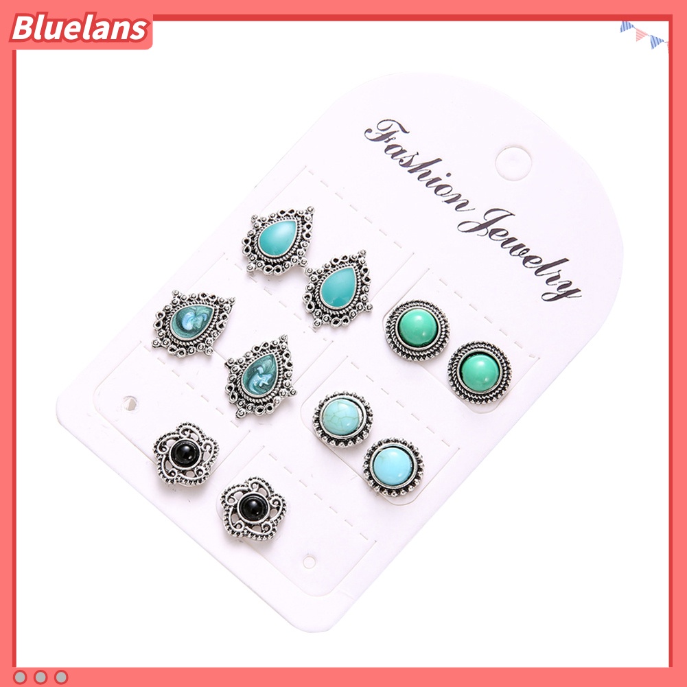 Bluelans 5 Pasang Anting Tusuk Gantung Desain Bunga Hias Turquoise Imitasi Gaya Bohemian Untuk Wanita