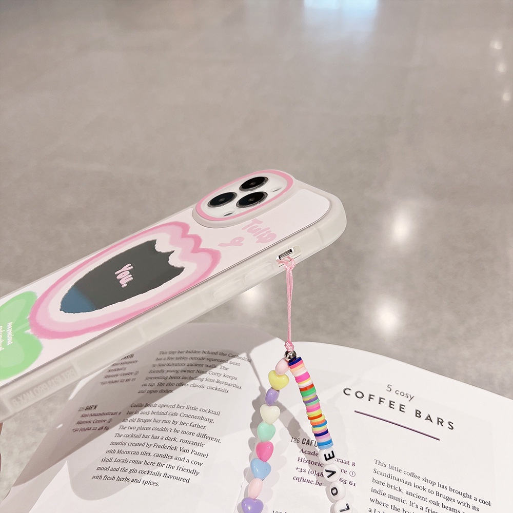 Case Pelindung Desain Bunga Tulip Pink Dengan Rantai Manik-Manik Untuk Iphone 7 8 PLUS XR XS 11 12 13 14 MINI PRO MAX SE 2020