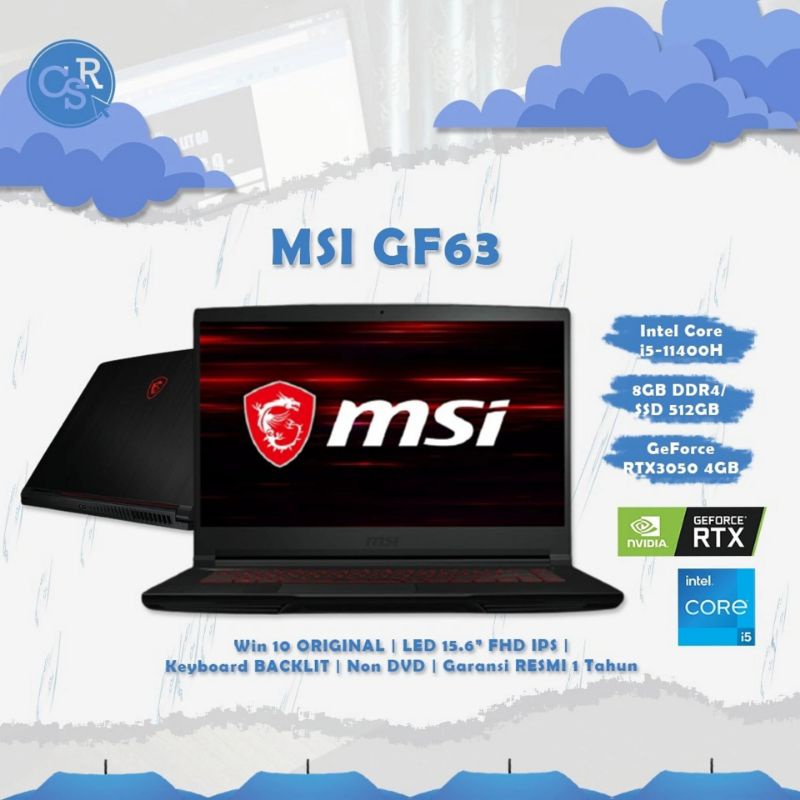 laptop msi gf63 intel core i5 11400h ram 8gb ssd 512gb vga nvidia geforce rtx3050 4gb 15 6 inch fhd 