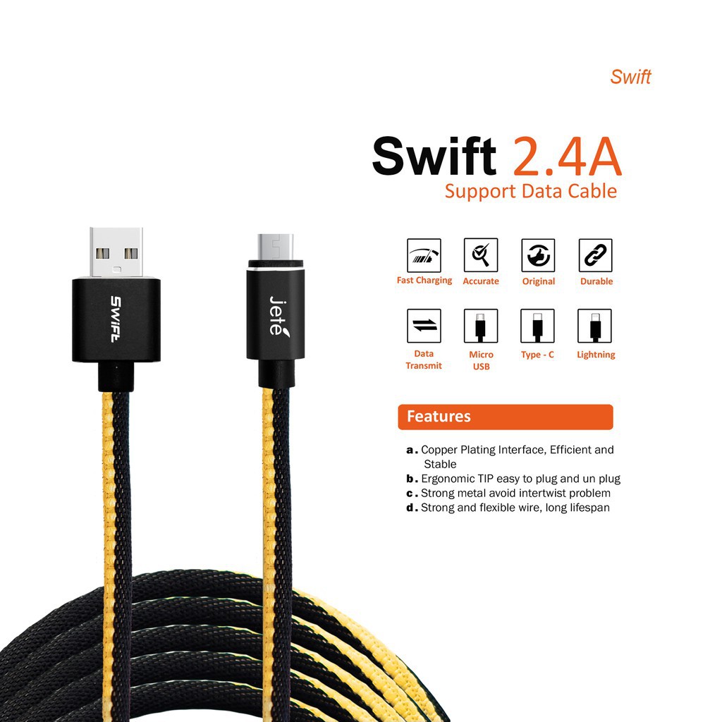 JETE SWIFT KABEL DATA CHARGING 2.4A GARANSI RESMI JETE TERMURAH