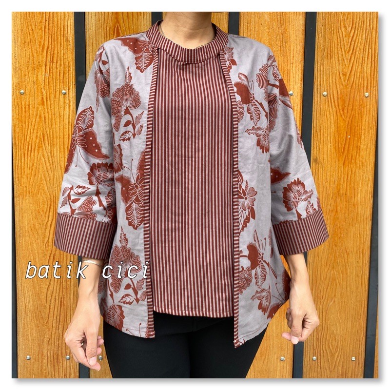 batik katun. blus batik rompi motif kupu marun