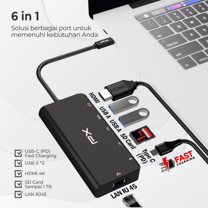 USB 3.1 Type C 6in1 HDMI 4K LAN USB 3.0 Hub Converter PX UCH06