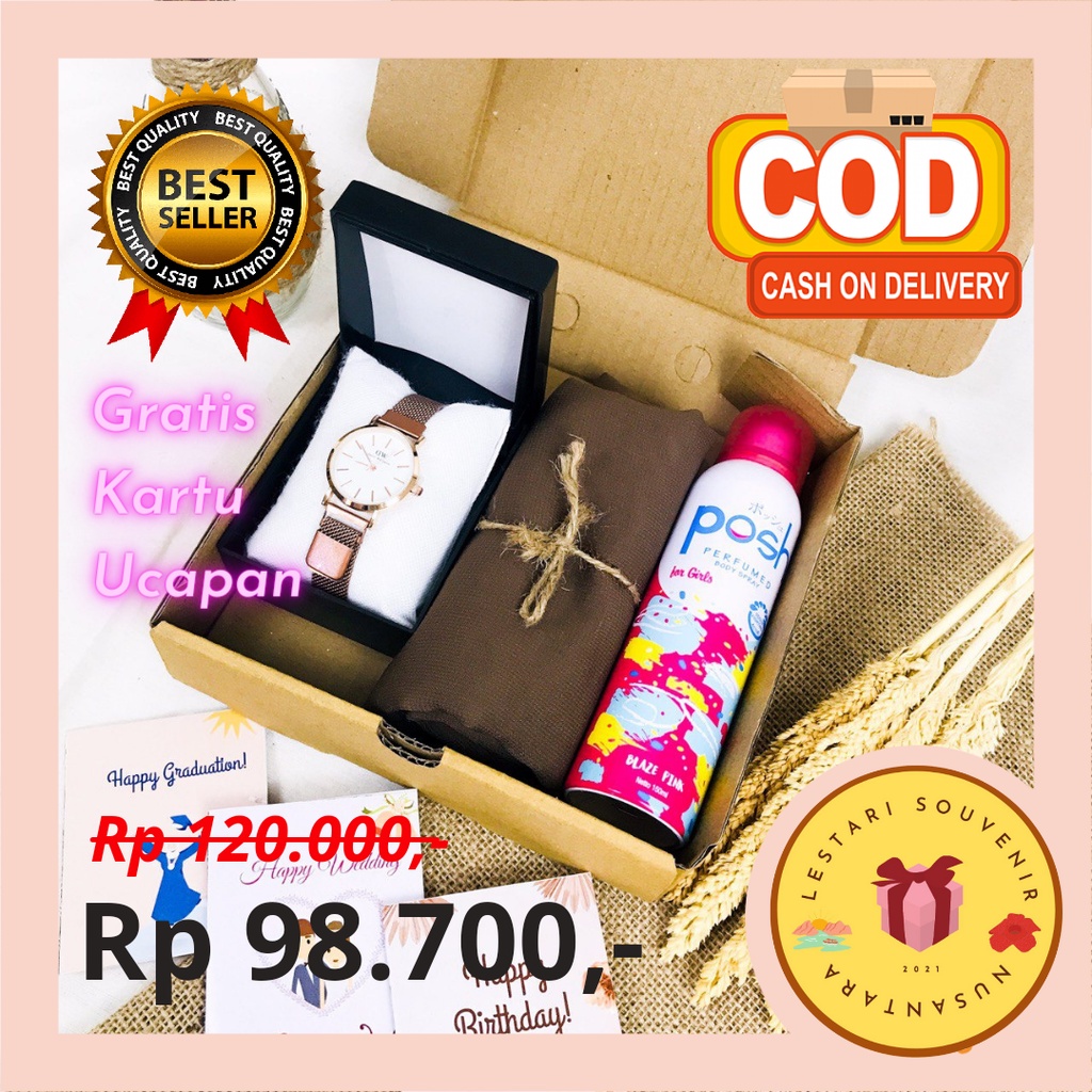 [Lestarisouvenir] Hampers Cewek Hijab Bella Square Pashmina Plisket Jam Tangan Parfum Posh Hadiah Wi
