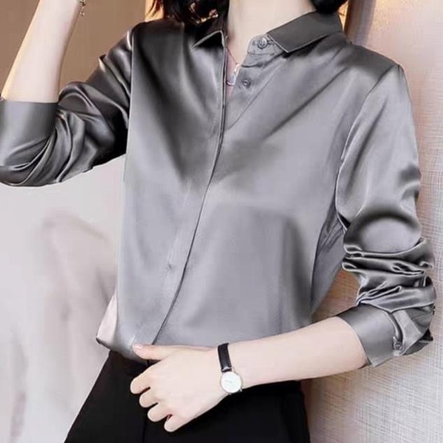Atasan Kemeja Satin Silk Wanita Formal Casual Shirt Import Bm
