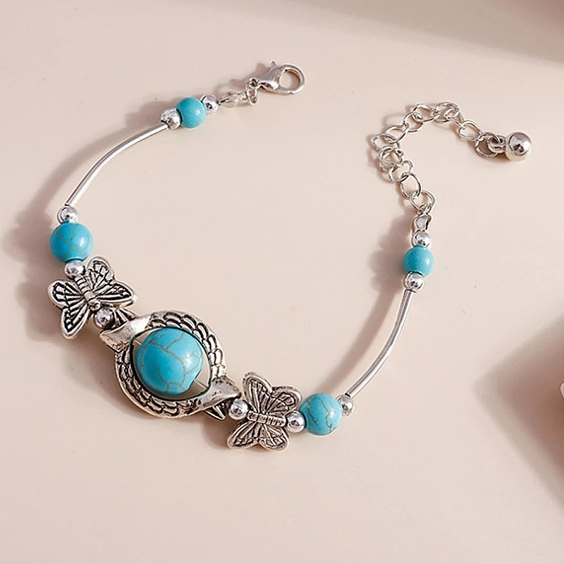 Gelang Rantai Liontin Kupu-Kupu Turquoise Gaya Bohemian Untuk Wanita