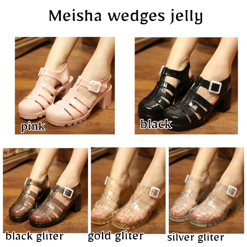 wedges jelly gesper/sepatu wanita import transparant glitter terbaru