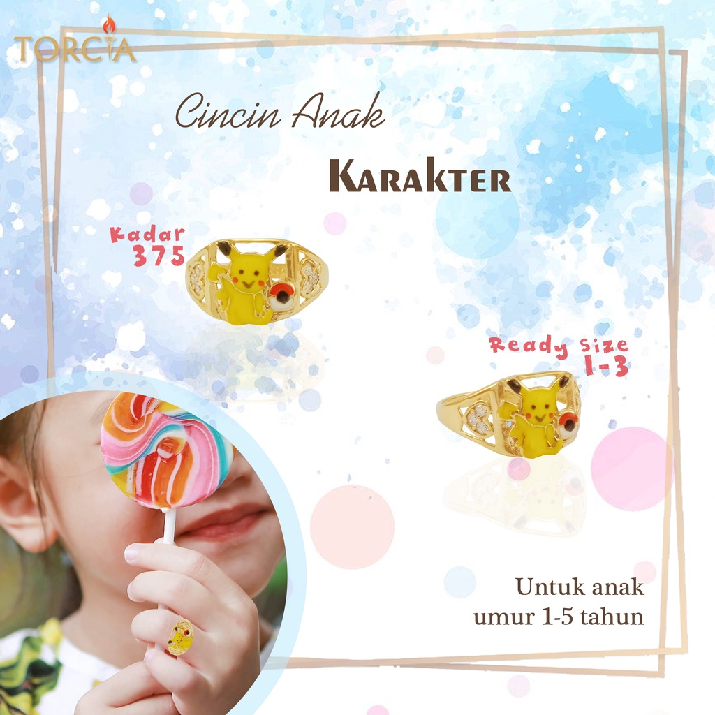 Cincin Anak Emas Asli Pikachu Pokemon Kadar 375 Torcia Gold