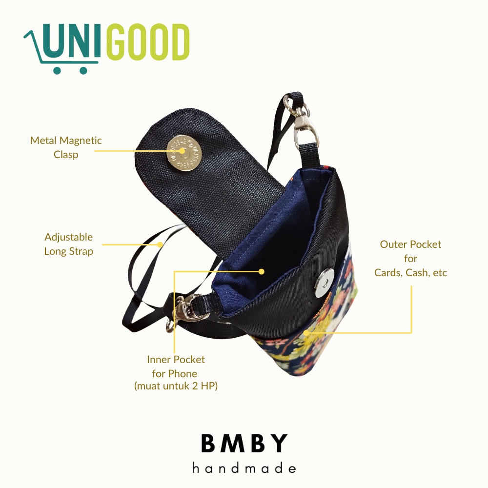 UNIGOOD X BMBY - Fabric Crossbody Phone Bag Handmade Japanese Cotton Handphone Purse Adjustable Strap Sling Bag Mini Tas HP Kain Jepang