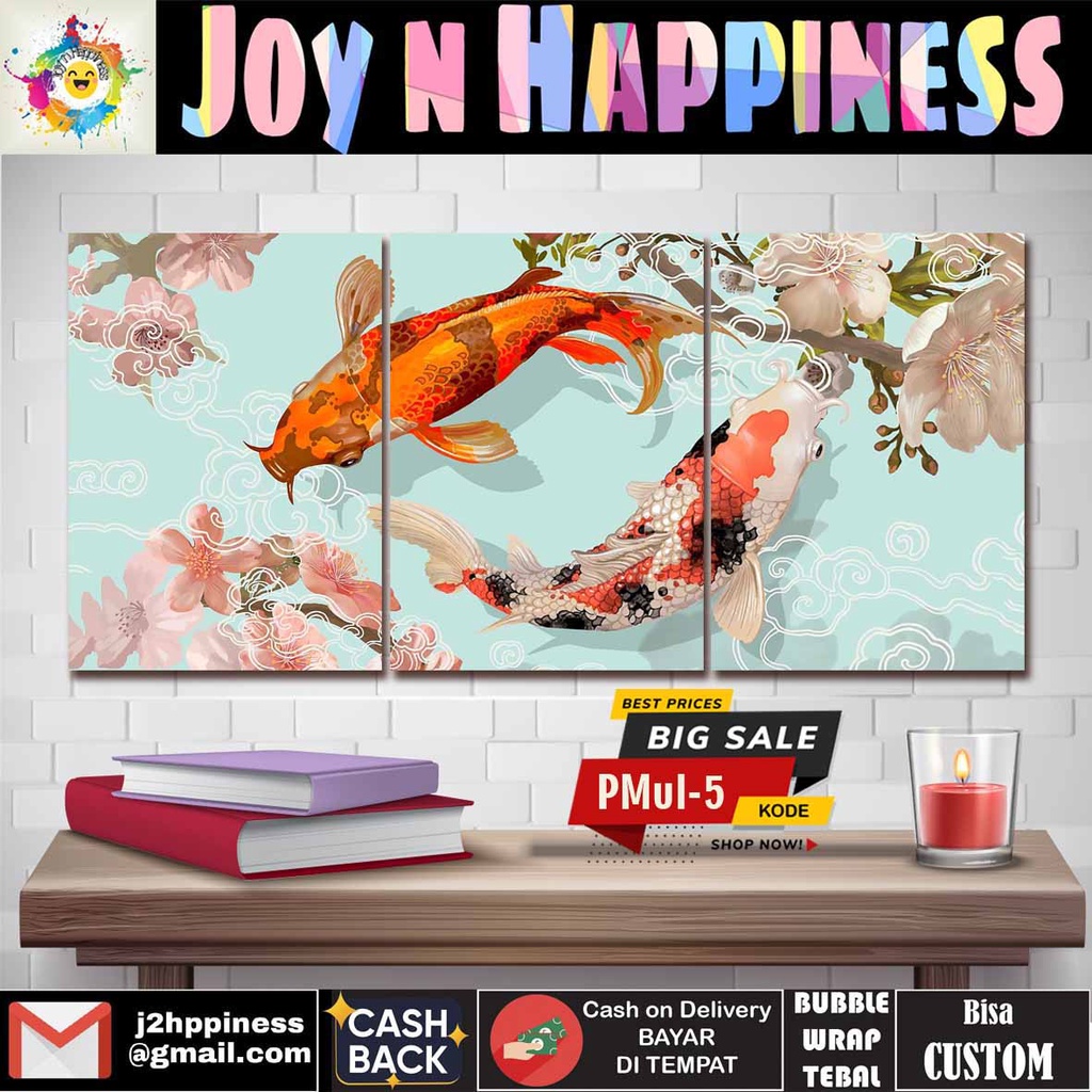 Hiasan Dinding Pajangan Bingkai Kayu Lukisan Ikan Koi