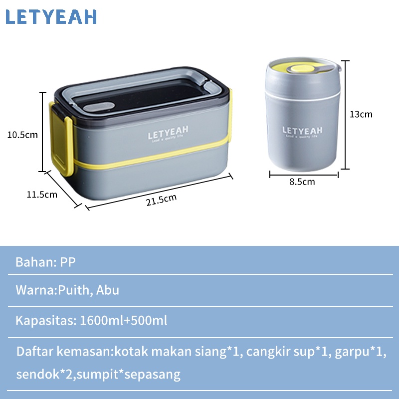 letyeah Lunch box set dengan mangkuk sup portabel /tas bekal set /1600ml kotak makan set /tempat bekal makan anti tumpah /BPA free