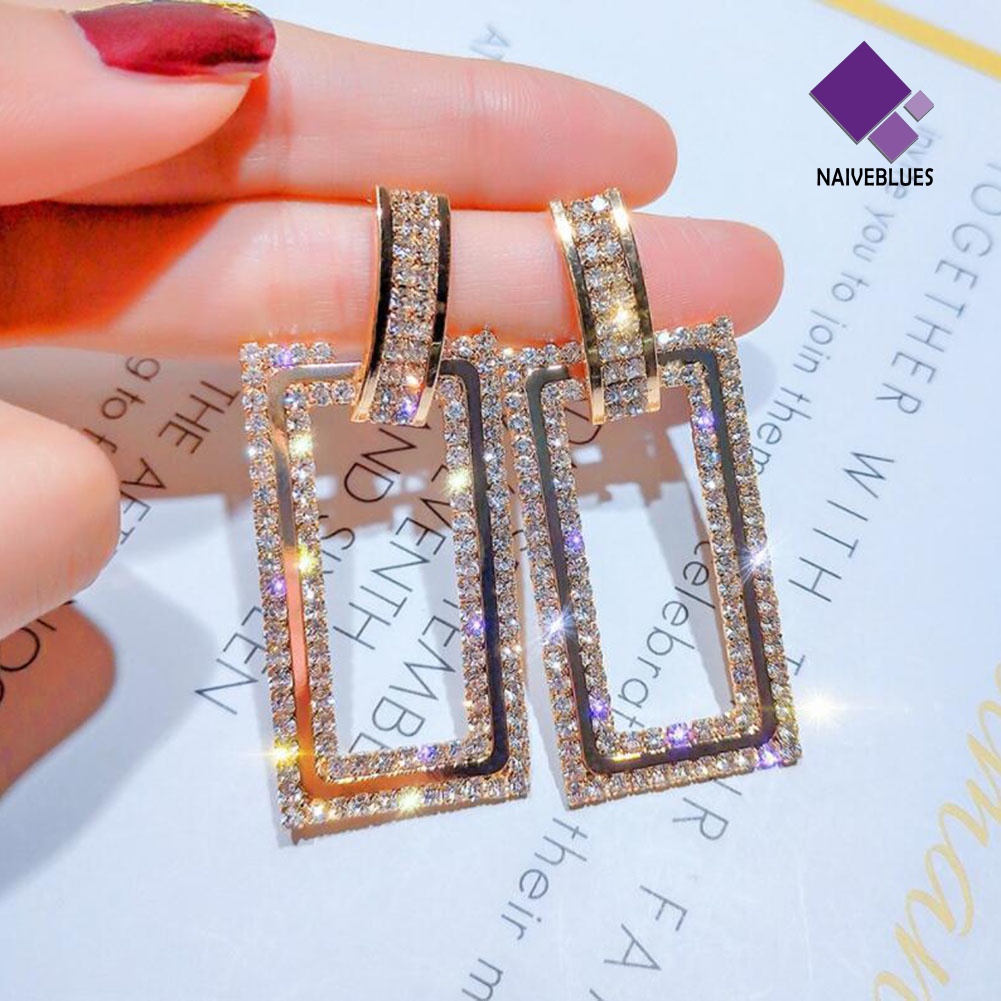 Anting Stud Berlian Imitasi Bentuk Persegi Panjang Model Hollow Untuk Wanita