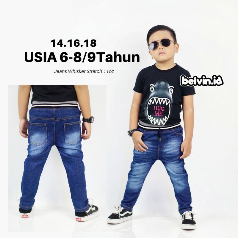 6-9Thn Celana Jeans Panjang Anak Cowok Whisker Stretch