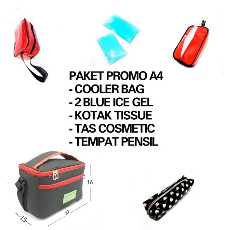 PROMO PAKET A4 , COOLER BAG ARGEN + 2 BLUE GEL + 1 TEMPAT PENSIL + 1 TAS COSMETIC + 1 TAS TISU sy66